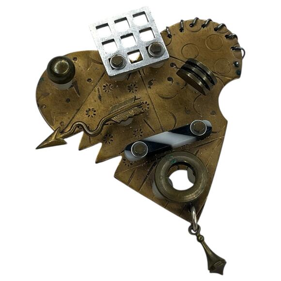 Vintage Signed Thomas Mann Techno Romantic Bronze Mixed Metal Heart Pin Brooch - Picture 3 of 10